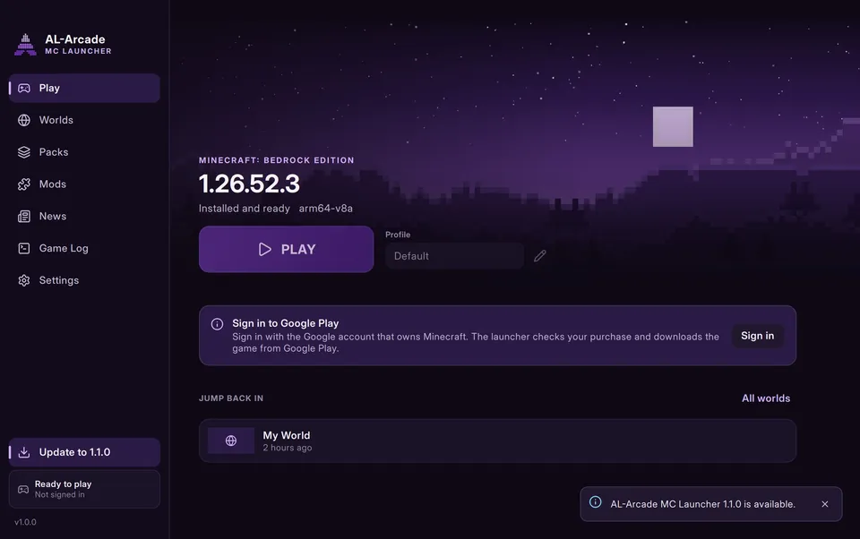 AL-Arcade MC Launcher: Play page with an update waiting