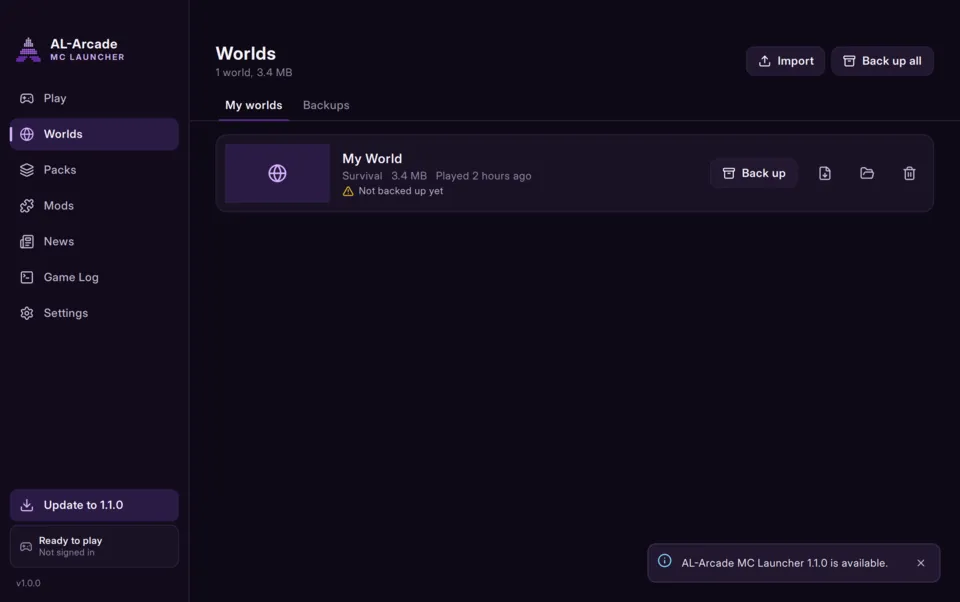 AL-Arcade MC Launcher: Worlds and backups